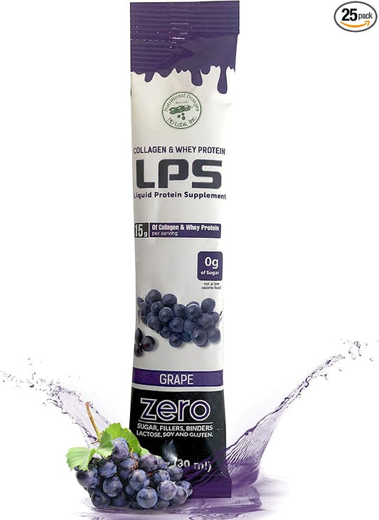 Nutritional Designs LPS Liquid Collagen & Whey Protein Supplement - Non-GMO Drink, Sugar-Free - Promotes Healthy Skin & Hair for Men & Women, Grape, Single Serve (100 Packets)