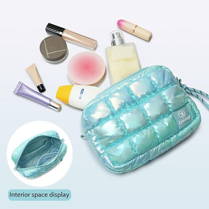 Quilted Cosmetic Bag, Puffer Makeup Bags, Crossbody Purses for women,Cute Travel Toiletry Bag for Women (Dazzling Ice Blue)