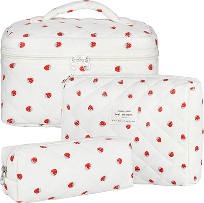 Quilted Makeup Bag Set, 3Pcs Large Checkered Corduroy Cosmetic Bags, Cute Coquette Makeup Bag Toiletry Zipper Pouch Bag for Women and Girls Checkered
