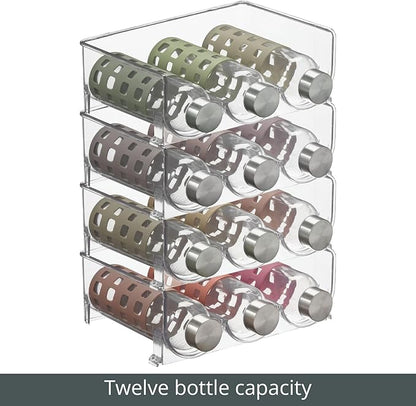 mDesign Plastic Free-Standing Stackable 3 Bottle Storage Holder Rack - Water, Wine, and Drink Organizer Shelf for Kitchen Countertop, Cabinet, Pantry, Fridge, Freezer, 4 Pack - Clear