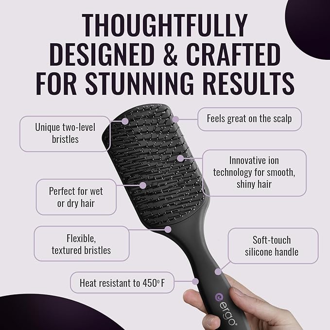 Ergo Super Gentle Mini Paddle Brush for Blow Drying - Hair Brushes for Women with Thick or Thin Hair - Dual Hairbrush for Women - Detangler Hair Brush - Gently Detangles Curly or Wet Hair - ERG750