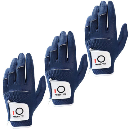 FINGER TEN Golf Gloves Men Left Hand Rain Grip Glove for Right Handed Golfer Value 3 Pack, All Weather Durable Grip Size Small Medium Large XL White Black Blue