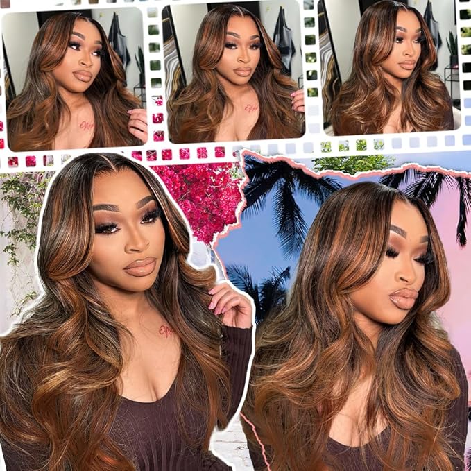 28 inch Balayage Brown Highlight 7X5 Lace Front Bye Bye Knots Glueless Wigs Human Hair Pre Plucked Pre Cut Bleached Knots Pre Everything Put on and Go Wig Highlight 1b30 Human Hair Wigs