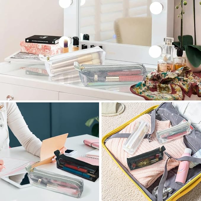 Mesh Makeup Brush Bag, 3Pcs Mesh Cosmetic Bag, Portable Travel Cosmetic Pouches for Makeup Brushes, Small Items, and Purse Organization，Pencil Pouch