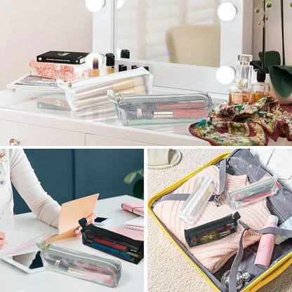 Mesh Makeup Brush Bag, 3Pcs Mesh Cosmetic Bag, Portable Travel Cosmetic Pouches for Makeup Brushes, Small Items, and Purse Organization，Pencil Pouch
