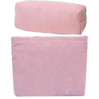FITINI 2 Pcs Makeup Bag Large Corduroy Cosmetic Bags Portable Travel Toiletry Case Organizer Cute Small Brushes Storage Pouch with Zipper for Women Purse,Pink