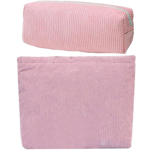 FITINI 2 Pcs Makeup Bag Large Corduroy Cosmetic Bags Portable Travel Toiletry Case Organizer Cute Small Brushes Storage Pouch with Zipper for Women Purse,Pink