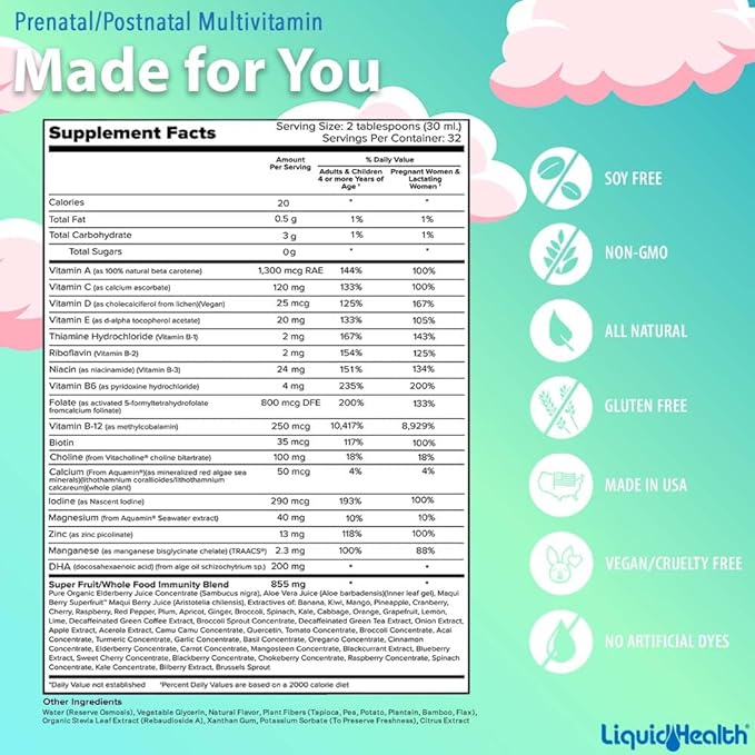 LIQUIDHEALTH Prenatal/Postnatal Multiple Liquid Women's Multivitamin with Real Folate - Pre & Postnatal Vitamins for Before, During, After Pregnancy - Vegan, Sugar-Free, Non GMO, Great Taste (3 Pack)