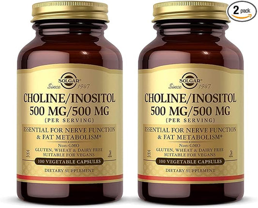 SOLGAR Choline/Inositol 500 mg/500 mg - 100 Vegetable Capsules, Pack of 2 - Non-GMO, Vegan, Kosher, Gluten Free, Dairy Free - 100 Total Servings