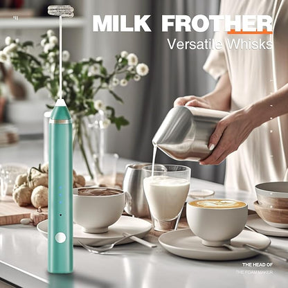 Milk Frother Rechargeable Handheld Electric Whisk Coffee Frother Mixer with 3 Stainless whisks 3 Speed Adjustable Foam Maker Blender for Coffee Matcha Latte Cappuccino Hot Chocolate（Green)
