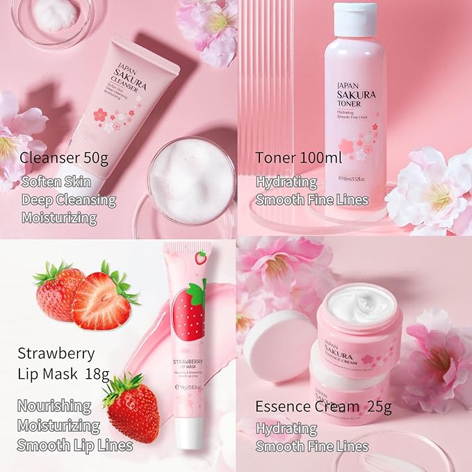 Cherry Blossom Skincare Set Women Gifts - Skin Care Set Hydrating - Skincare for Girls 10-12 Moisturizing - Travel Kit with Cleanser,Toner,Lip Mask,Cream(One Size, Cherry Blossom 6PCS Scent)