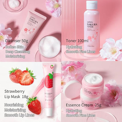 Cherry Blossom Skincare Set Women Gifts - Skin Care Set Hydrating - Skincare for Girls 10-12 Moisturizing - Travel Kit with Cleanser,Toner,Lip Mask,Cream(One Size, Cherry Blossom 6PCS Scent)