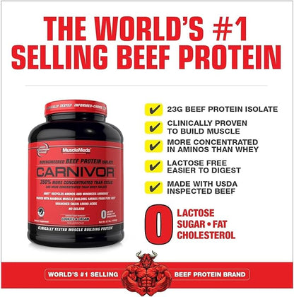 MuscleMeds Carnivor Beef Protein Isolate Powder, Cookies & Cream, 56 Servings, 1680 Gram, 59.2 Ounce, 3.7 Pound