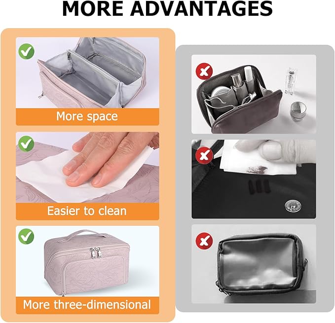 Travel Makeup Bag, Large Capacity Cosmetic Bags for Women, Waterproof Lining and PU Leather Portable Pouch, Open Flat Toiletry Bag, Make up Organizer with Divider & Handle (Pink)