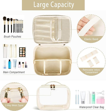 PU Leather Makeup Bag Set - 2 PCS Travel Cosmetic Organizer with Clear Pouch for Women and Girls (White)