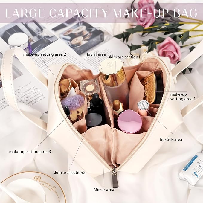 Makeup Bag, Cosmetic Bag Travel, Large Capacity Portable Make up Traveling Organizer Bag, PU Leather Cosmetic Bag with Zippers Handle Compartments, Travel Toiletry Bag for Women Teens Girls