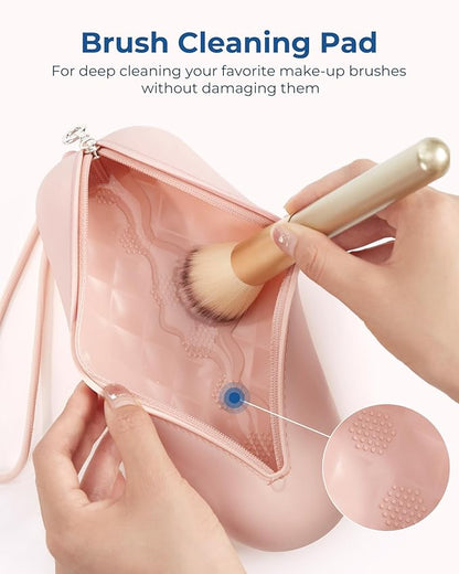 BAGSMART Makeup Brush Holder Bag, Travel Small Makeup Bag for Purse, Make Up Brush Bag Case Cosmetic Bag, Silicone Soft Portable Face Brushes Travel Essentials Organizer Holder, Light Khaki