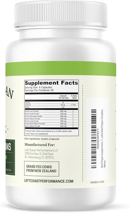 Beef Organ Supplement Grass Fed - 7 Beef Organs Complex from New Zealand - Liver, Heart, Pancreas, Kidney, Lung, Spleen, Bone Marrow - Non-GMO, No Fillers, Hormone & Antibiotic Free - Carnivore Diet