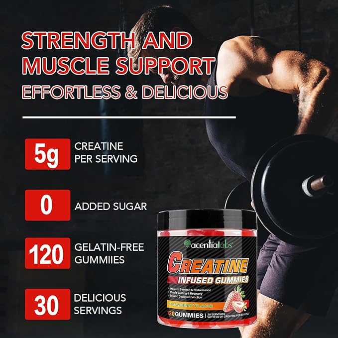 Creatine Gummies for Men & Women - 120 Count, 5000mg Creatine Monohydrate, Boosts Strength, Mass, Endurance & Focus, Muscle Builder & Pre-Workout Supplement