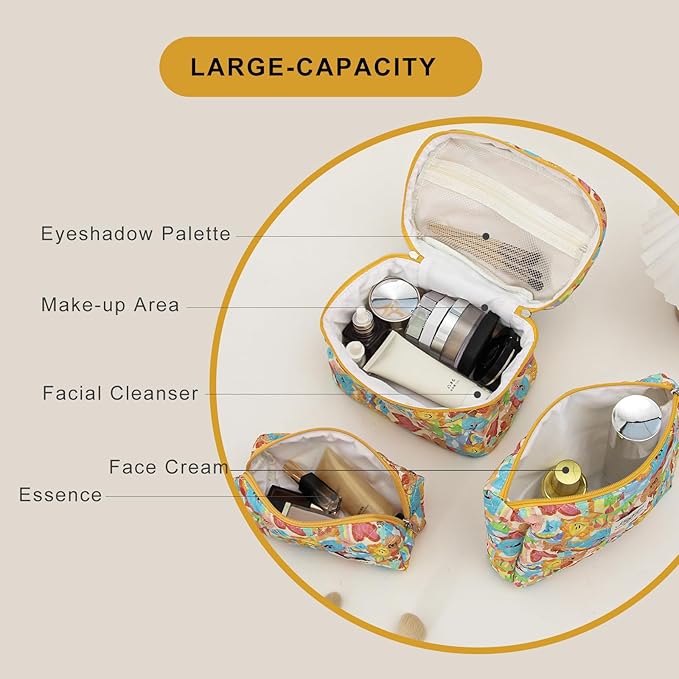 kingkiss Makeup Bag, Quilted Cosmetic Bag, Large Capacity Make Up Bag for Women, Cute Floral Storage Toiletry Bag Travel Storage Makeup Bag(Love Doodle)
