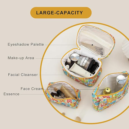 kingkiss Makeup Bag, Quilted Cosmetic Bag, Large Capacity Make Up Bag for Women, Cute Floral Storage Toiletry Bag Travel Storage Makeup Bag(Love Doodle)