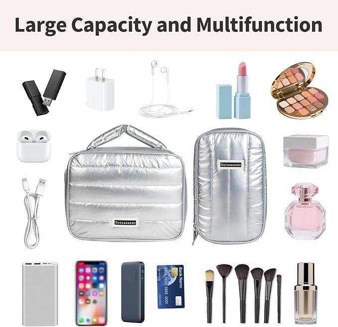 Shiny Puffy Makeup Bag Large Capacity Travel Water-proof Toiletry Bag Drop-proof Digital Product Organizer (Silver, L and M)