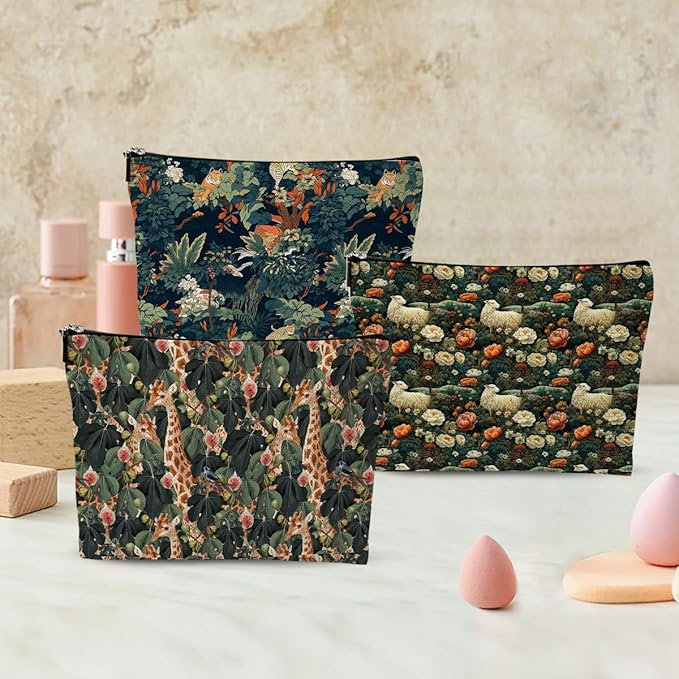 3pcs Cosmetic Bags for Women Makeup Bag, Bachelorette Party Favors Christmas Birthday Friendship Gifts for Women Girls Bestie Travel Toiletry Bag Skin Care Bag, Vintage Forest Giraffe Sheep Tiger