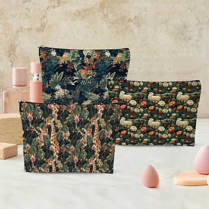 3pcs Cosmetic Bags for Women Makeup Bag, Bachelorette Party Favors Christmas Birthday Friendship Gifts for Women Girls Bestie Travel Toiletry Bag Skin Care Bag, Vintage Forest Giraffe Sheep Tiger