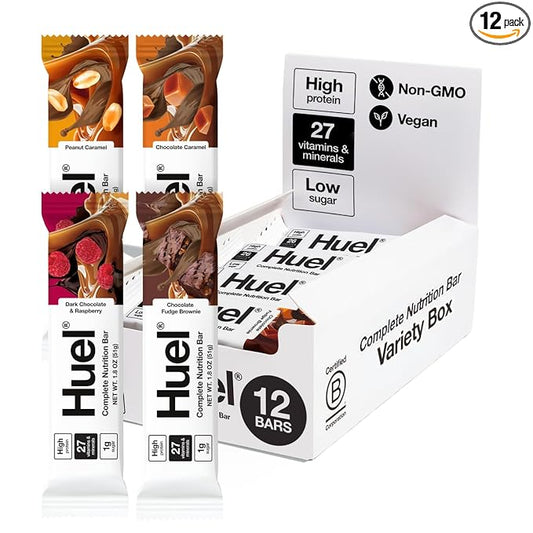 Huel Complete Nutrition Vegan Protein Bars | Variety Box | 13g Protein, 27 Vitamins and Minerals, 2g Sugar, Non-GMO, 100% Plant Based Snack | 12 Pack