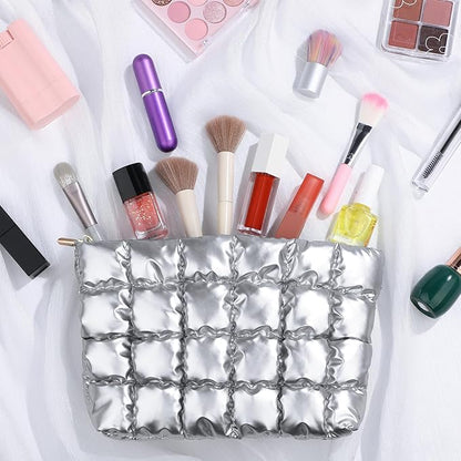 Hillban Puffy Quilted Makeup Bag Quilted Cosmetic Bag Cute Puffer Toiletry Checkered Pouch Aesthetic Travel Makeup Brushes Organizer(Silver,Classic)