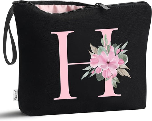 Vavabox A-Z Personalized Makeup Bag, Birthday Gifts for Women Mom, Gifts for Best Friend, Bride Bridesmaid Cosmetic bag (H, Black)