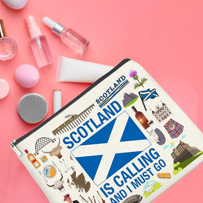 Scotland Travel Gifts Makeup Bag Scotland Gifts for Women Friends Traveler Cosmetic Bag Scotland Is Calling Zipper Makeup Pouch
