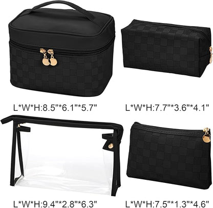 Hedume Set of 4 Makeup Bags, Black Leather Portable Travel Cosmetic Bag, Waterproof Cosmetic Bag Set, Multifunction Organizer Storage Bag for Makeup, Toiletries, Brushes and Accessories