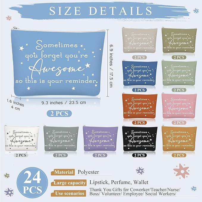 Sieral 24 Pcs Inspirational Makeup Bag Appreciation Nurse Gift for Women You're Awesome Cosmetic Bags Employee Motivational Gifts for Coworkers Teacher Mom Assistant Nurse(Pastel Color)