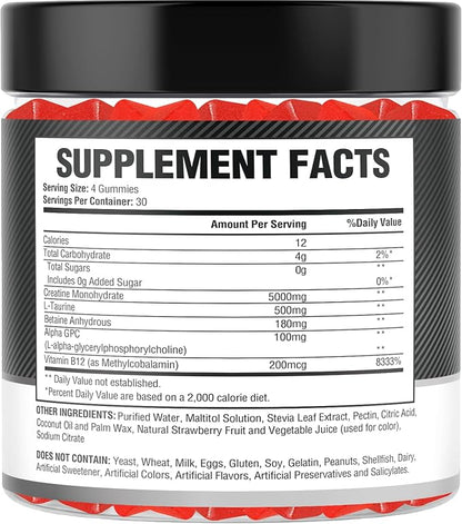 Creatine Monohydrate Gummies 5g (5000mg) for Men & Women - 120 Count, Sugar-Free Creatine Pre Workout Chews For Energy Boost, Creatine Supplement For Building Muscle and Strength, Vegan, Non-GMO