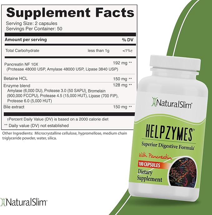 NaturalSlim Helpzymes Digestive Enzymes for Digestion, Bloating, Gas Relief & Gut Health Supplement - Digestion Supplement* with Pancreatin, Betaine HCL & Daily Essential Enzyme - 100 Caps (3 Pack)