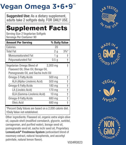 Purity Products Omega 3-6-9 Vegan Omega Formula - “5 in 1” Essential Fatty Acid Complex - Scientifically Formulated Plant-Based Omega 3 6 9 Essential Fatty Acids (EFA) - 3 Month Supply - 180 Softgels