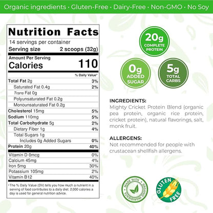 Mighty Cricket Protein Powder. 20g Clean Prebiotic Cricket Protein. No Sugar, Low Carbs, Gluten & Dairy Free. Keto & Paleo, 100% Natural Ingredients. Chocolate, 1 lb (Pack of 1)