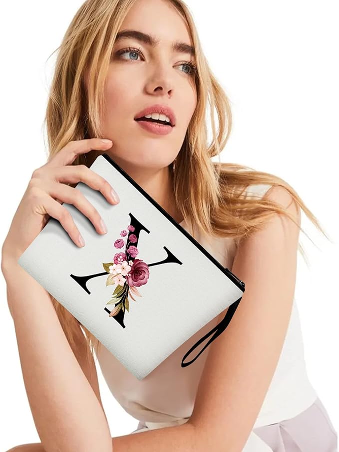 Vavabox A-Z Personalized Makeup Bag, Birthday Gifts for Women Mom, Gifts for Best Friend, Bride Bridesmaid Cosmetic bag (X, White)