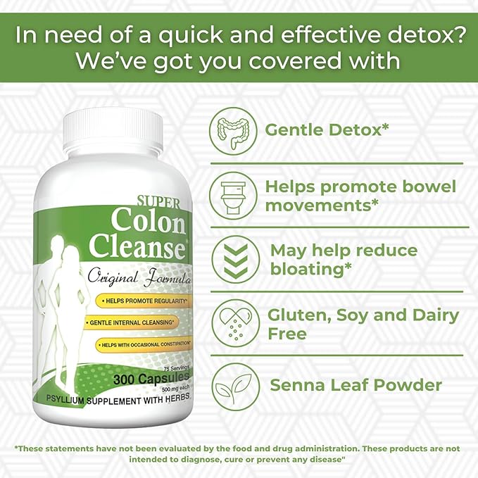 Health Plus Super Colon Cleanse Original Formula (1991-2018), 300 Capsules, 6 Cleanses - Digestive Support, Constipation Relief with Psyllium Husk and Senna Leaf