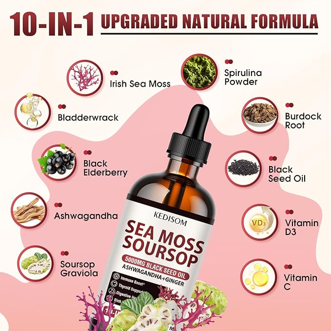 Irish Sea Moss Soursop Drops 2 Fl Oz - Sea Moss Black Seed Oil Multivitamin Liquid with Ashwagandha, Burdock Root, Bladderwrack, Soursop Seamoss Supplement for Gut, Immunity, Thyroid Support