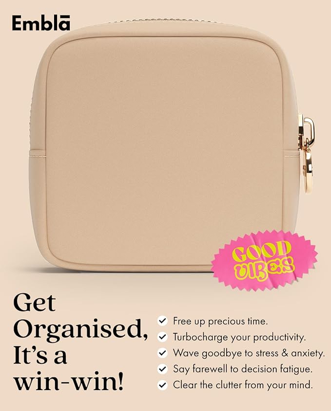 Embla Makeup Bag Travel Cosmetics Pouch and Toiletry Bag, Nylon Zipper Pouch Purse, Cute Make Up Organizer Storage Tote for Women Girls, Waterproof Travel Skincare Case, Small Makeup Bags, Honey Beige