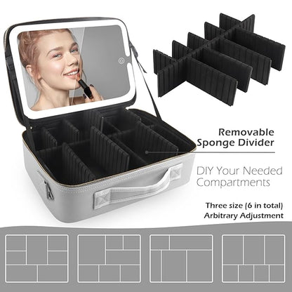 MOMIRA Large Makeup Train Case with Lighted and Mirror 14inch Partitionable Cosmetic Bag Travel Makeup Case Professional Cosmetic Artist Organizer, Waterproof Portable, with Shoulder Stra Silver