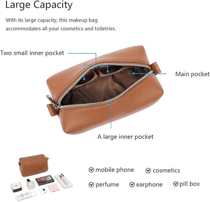 PU leather Organizer Bag Lightweight Cosmetic Bag with Ring Clasp Perfect Travel Makeup Bag for Women (Saddle Brown/PU)