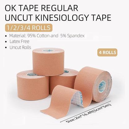 OK TAPE Regular Kinesiology Tape (4 Pack), Original Cotton Athletic Tape for Support Muscle Joint Knee, Sports Waterproof Tape Uncut Strips Latex Free, Hypoallergenic, 2in×16.4ft - Beige