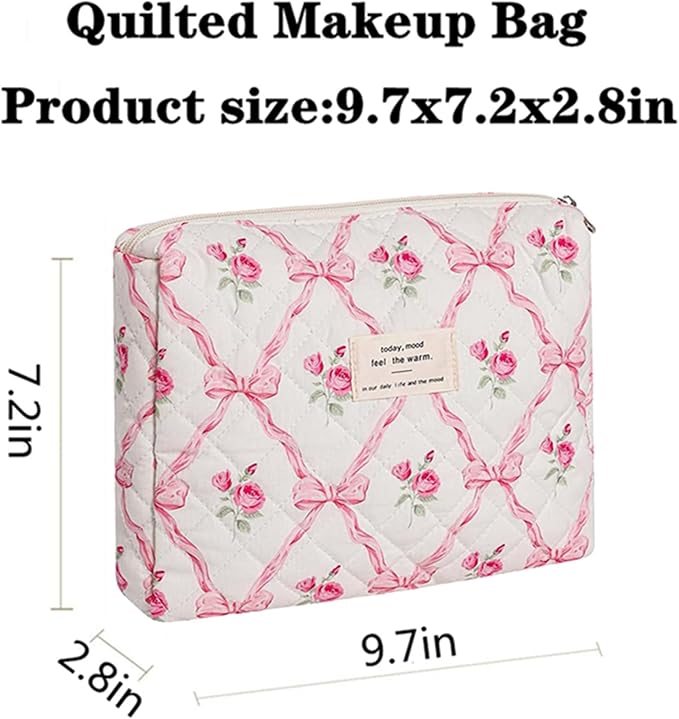 Quilted Makeup Bag,Bow Makeup Bag,Cotton Makeup Bag Set for Women,Travel Makeup Bag,Large Toiletry Cosmetic Bag Makeup Bag Organizer for Women Girls (M5-1PC)