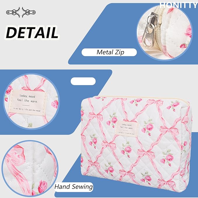 Quilted Makeup Bag,Medium Travel Floral Cosmetic Bag Cute Pouch,Cotton Makeup Brushes Storage Bag for Women