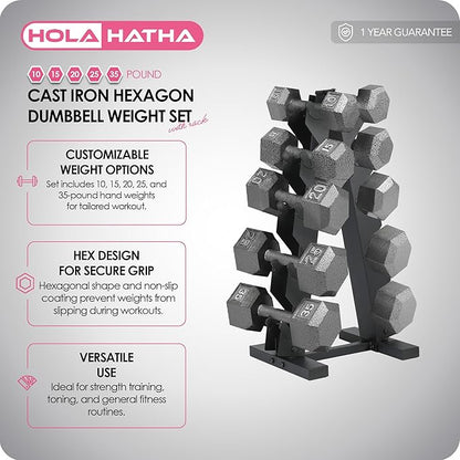 HolaHatha Hexagonal Dumbbell Free Hand Weight Set w/Rack