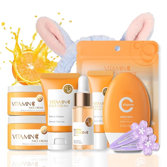 Skincare Kit Vitamin C Girls Gifts Mom Gift- Skin Care Set - Hydrating Gift Set for Women - Smoothing Skin Care for Teens 10-12 - Travel Size Face Kit with Serum,Eye Cream,Sunscreen,Face Cream（7pcs）