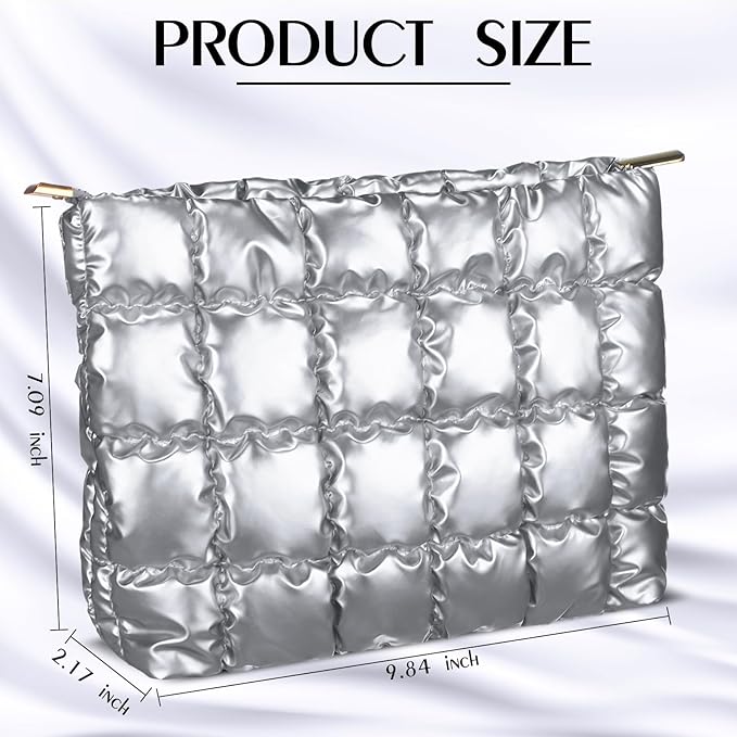 Hillban Puffy Quilted Makeup Bag Quilted Cosmetic Bag Cute Puffer Toiletry Checkered Pouch Aesthetic Travel Makeup Brushes Organizer(Silver,Classic)